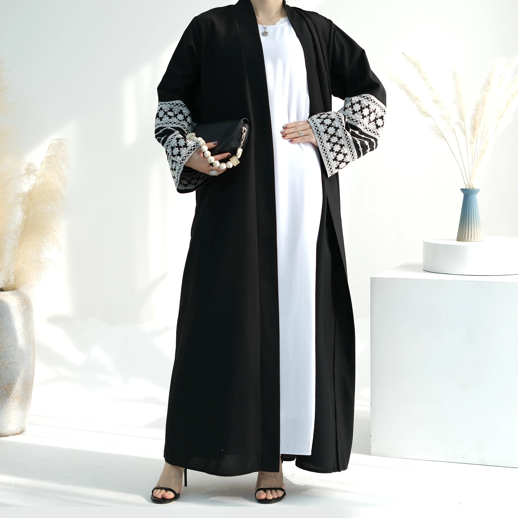 2024 Ramadan Linen Embroidery  Linen Open Abaya Femmes Robe Musulmane  Abaya Women Muslim Dress  Islamic Clothing