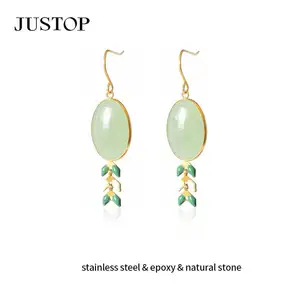 Trendy Ball Shape Charm Earrings Green Stone Unisex Party Jewelry 18K Gold Plated Stainless Steel
