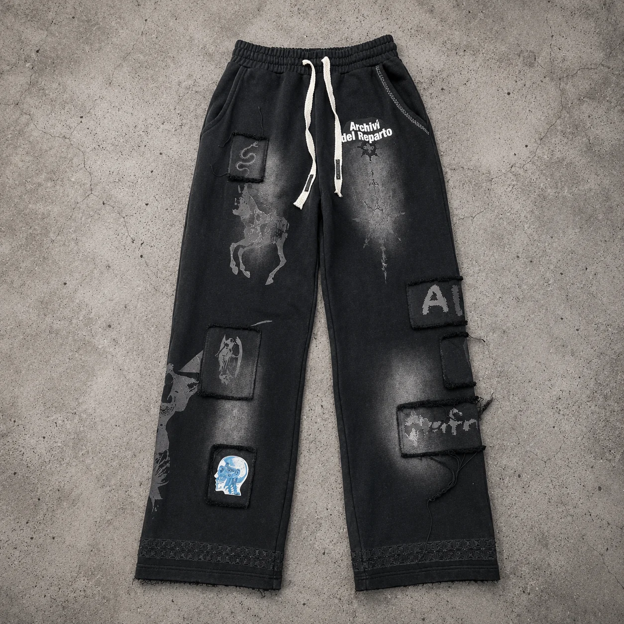 Streetwear Custom Black Washed Distressed Patchwork Graphic Drawstring Baggy Wide Leg Casual Urban Loose Fit Men Sweatpants gallery 7
