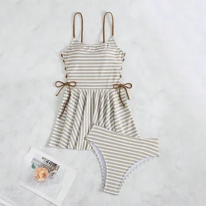 Retro Stripe Bikini Set for Women Sexy Two Piece Swimwear with Long Skirt and Drawstring