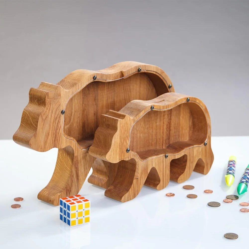 Oak Wood Bear Shaped Coin Box Wooden Money Boxes Wood Piggy Bank Saving