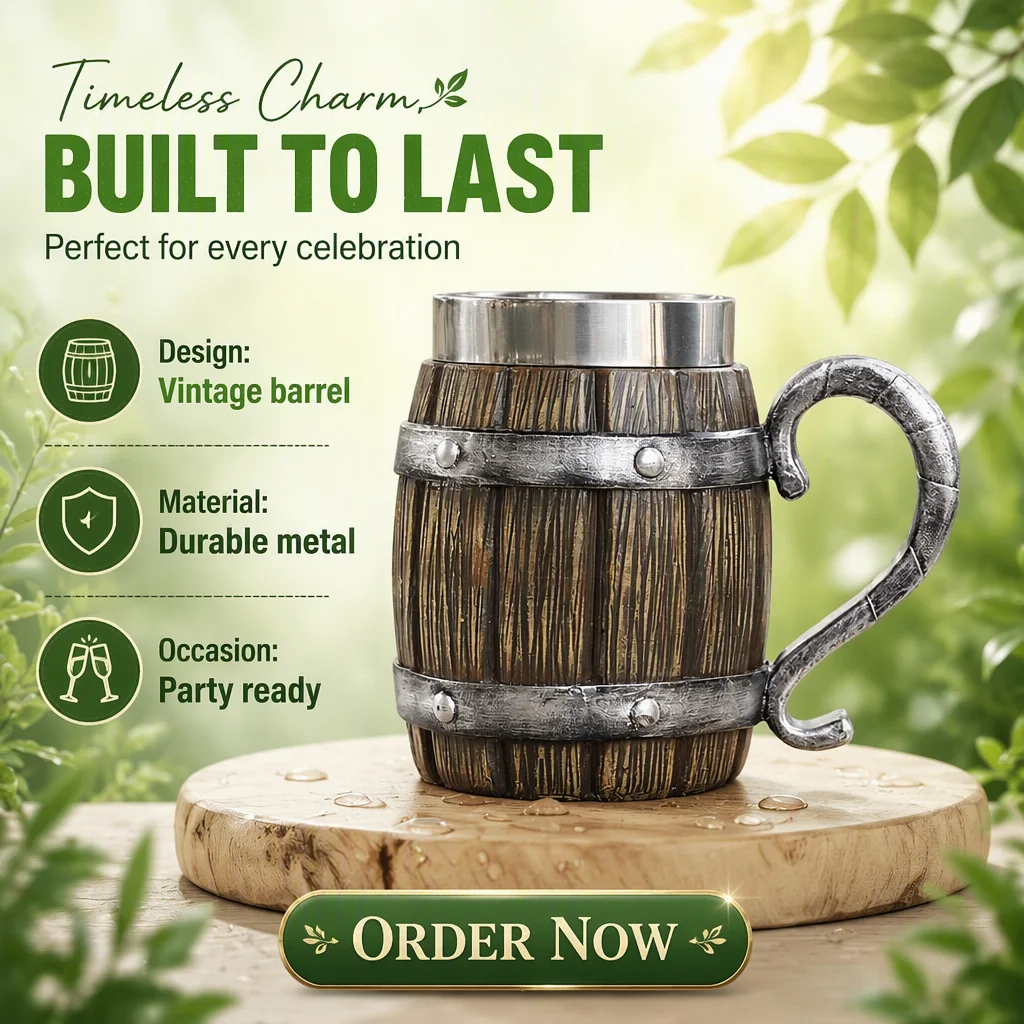 Personality Simulation Wooden Barrel Viking Resin Mug One Piece Cup Stainless Steel Beer Tea Cups Bar Wooden Beer Mug