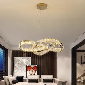 Modern Simple Atmosphere Living Room Crystal Chandelier Italian Light Luxury Dining Room Bedroom Ring Stainless Steel LED Lamps