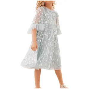 Girls Kids Graceful O-Neck Evening Dress Children's Blue Tulle Sequined Layered Knee Length