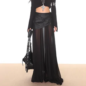 Factory Wholesale Long Black Skirt Women Designer Fashion Dropped Waist Mesh Patchwork PU Leather Casual Holiday Vacation
