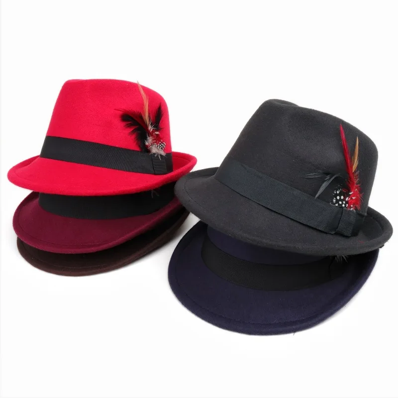Wholesale Fashion Feather Top Hat Versatile Gentleman Wool Felt Jazz Hats  Men Women Party Vintage Formal Hats