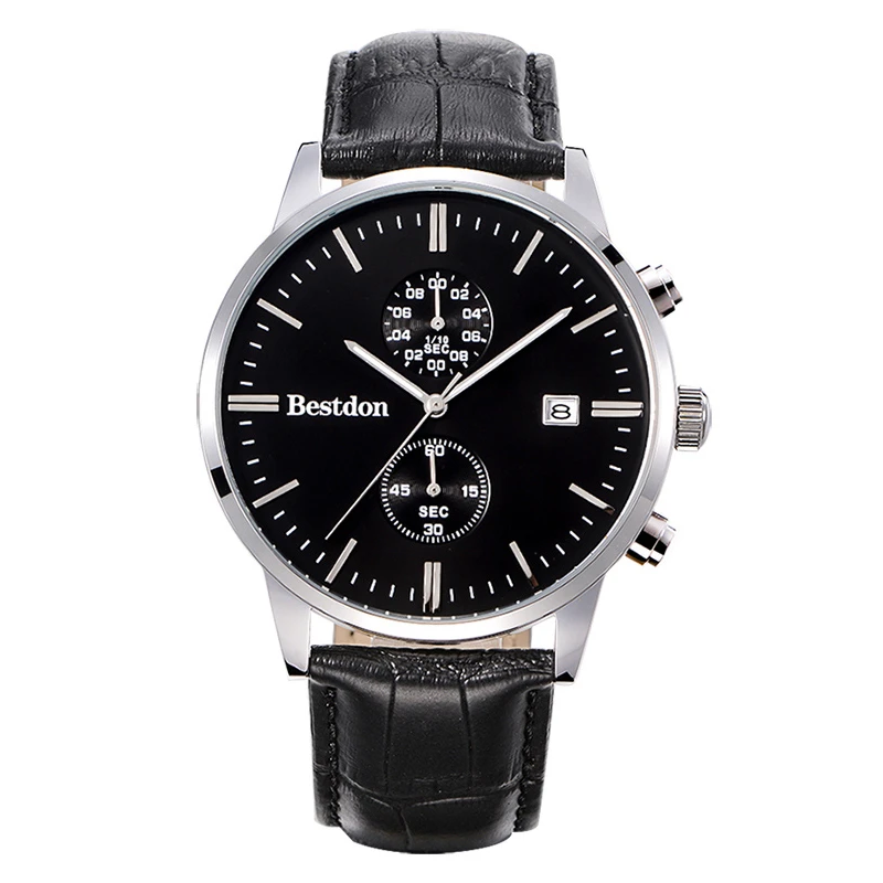 Casual and Sport Style Clock for Gift Choice Genuine Leather Band Multi Function Mens Chronograph Watches Waterproof 3ATM