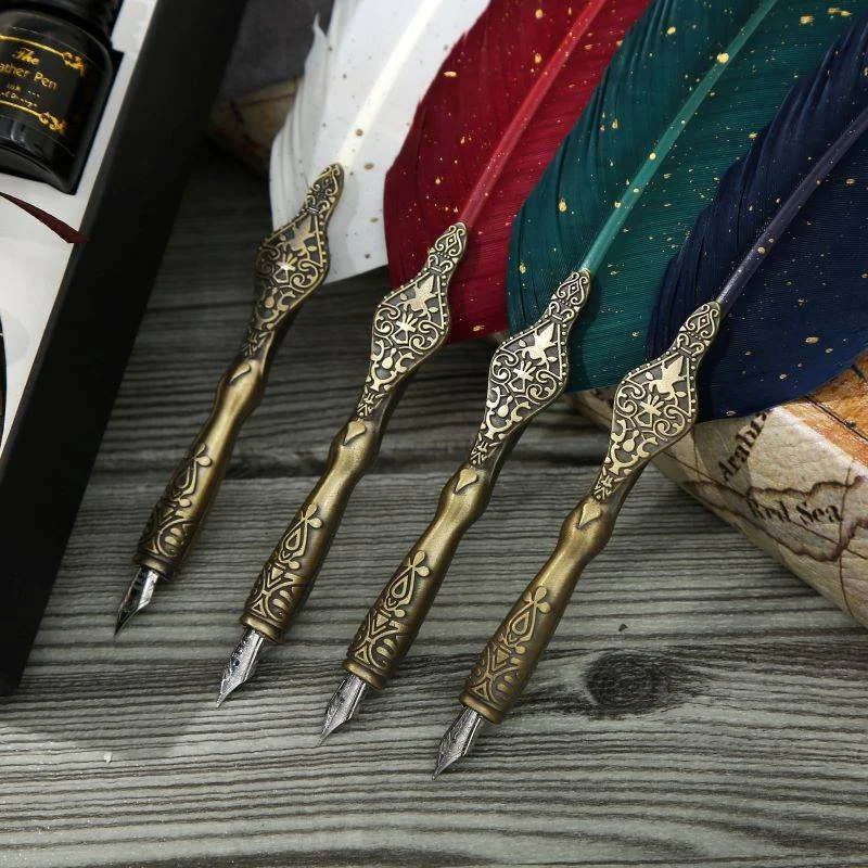 Vintage Calligraphy Feather Dip Pen Fashion Pen Handle 2/5 Nib Writing Ink Set Quill Fountain Pen Writing Set Birthday Gift