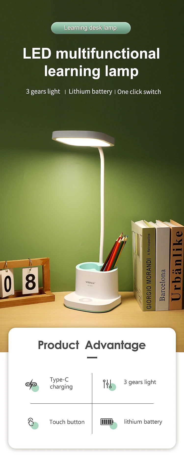 Bright Rechargeable Student Table Lamp Portable Plastic Led Bed Side Reading Desk Lamp with Pencil Holder and USB