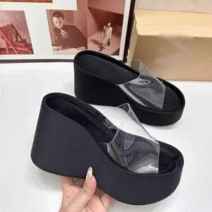 QuiteS 2026 Summer Collection New Fashion French Thick Bottom One-Line Wedge Sandals European American Style Transparent Glass
