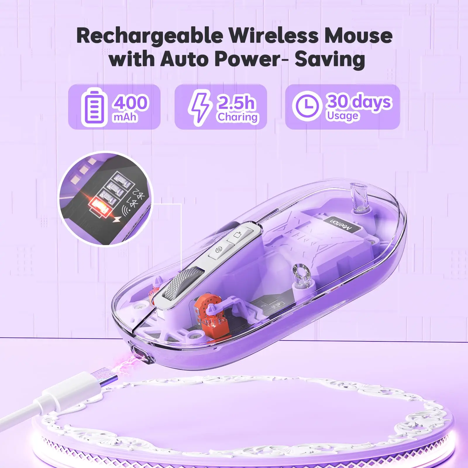 Meetion BTM005 Dual Mode Transparent BT Rechargeable Mouse Wireless Computer Ergonomic Gaming Mouse for Laptop Pc
