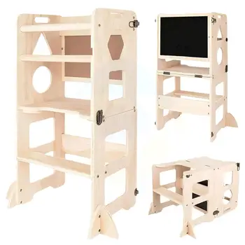 Children 3 in 1 Toddler Footstool Climbing Chair Multi-Functional With Switchable Blackboard Solid Wood Learning Tower