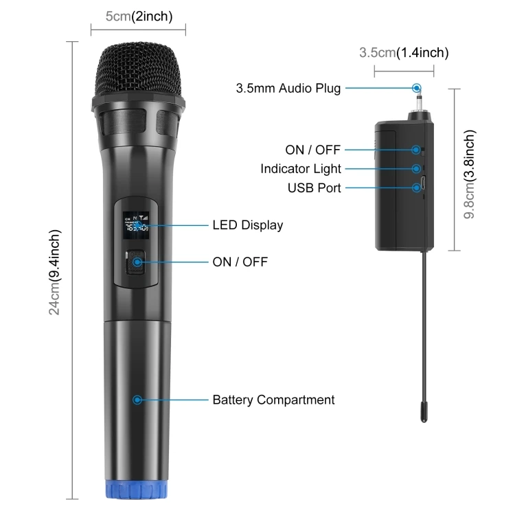 New PULUZ UHF Wireless Dynamic Microphone with LED Display Multiple Audio Systems Lightweight Wireless Microphone