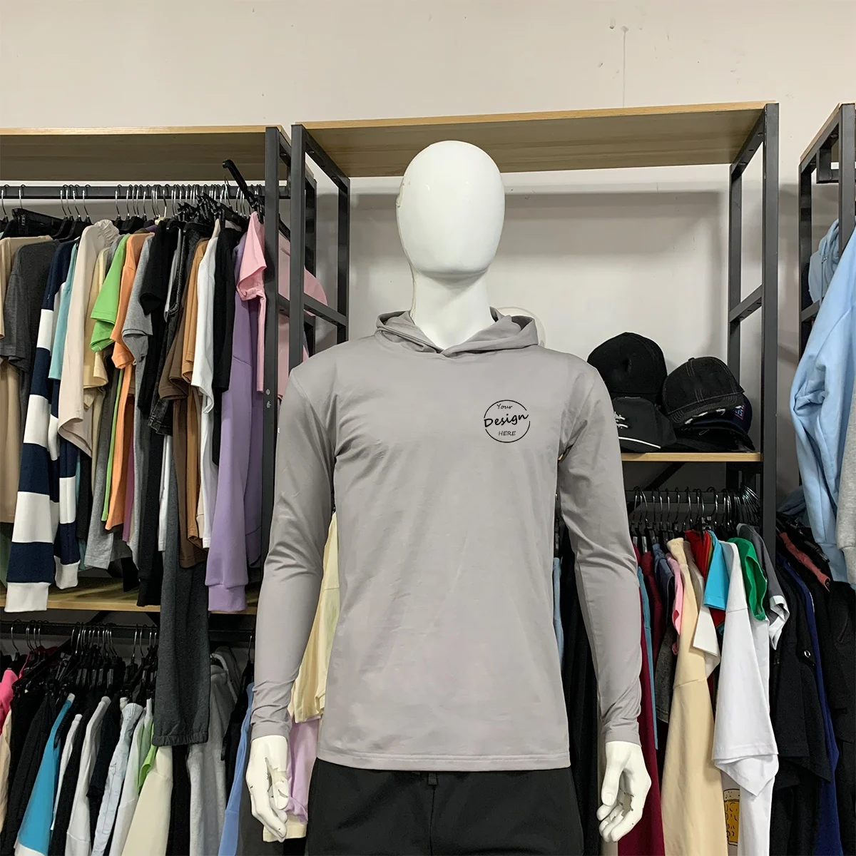 JL424A Wholesale Men Solid Color Blank Hooded Slim Bodybuilding Fitness Sports Long Sleeve T-Shirt for Men