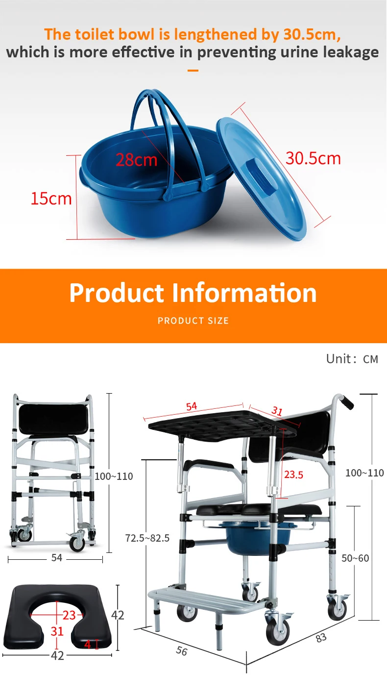 Factory Mobile Toilet Seat Multifunction Foldable Shower Commode Chair with wheels for Adults Elderly Wheelchair manufacture