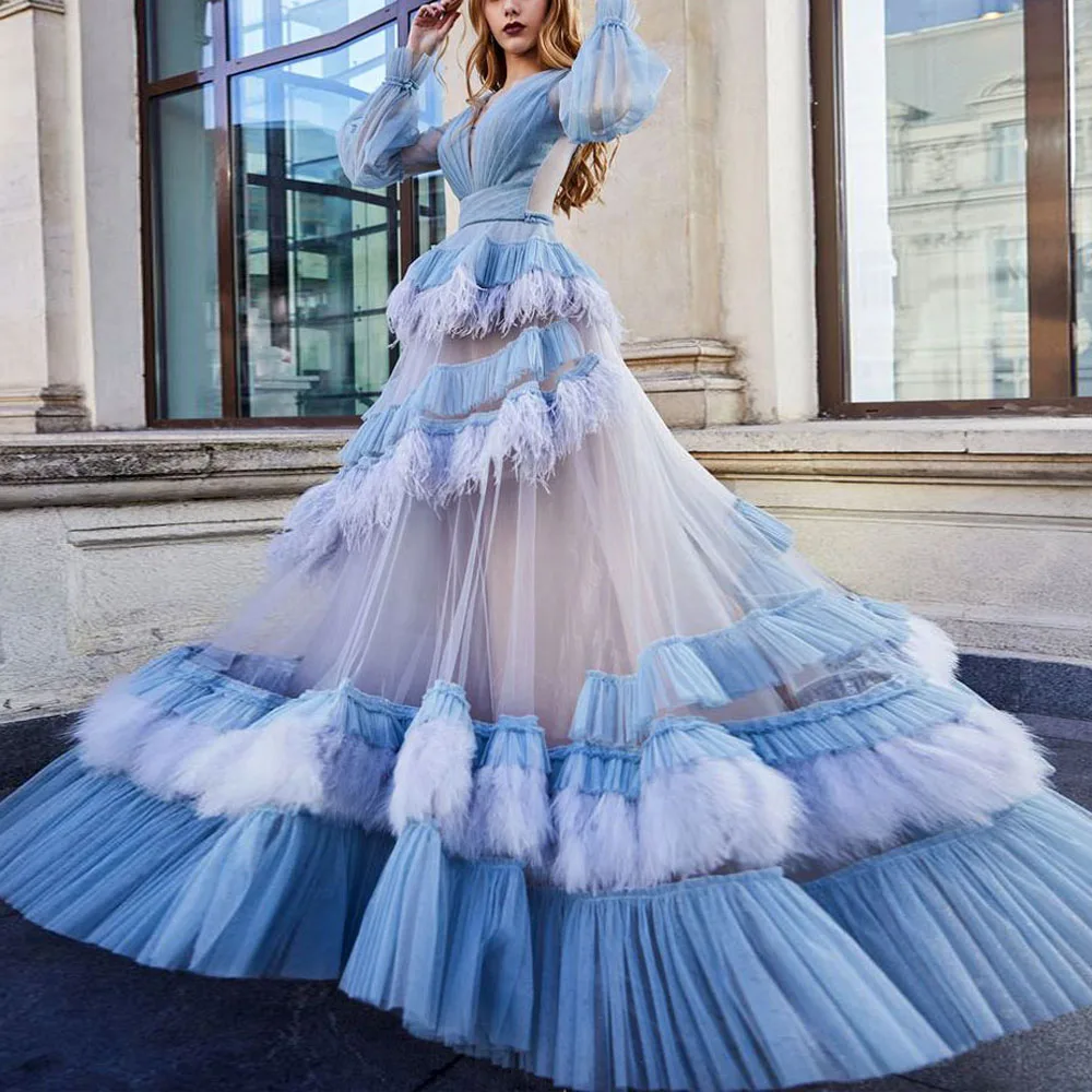 Custom Design Light Blue Dresses Women Party Luxury off Shoulder Evening  Dress Ball Gowns