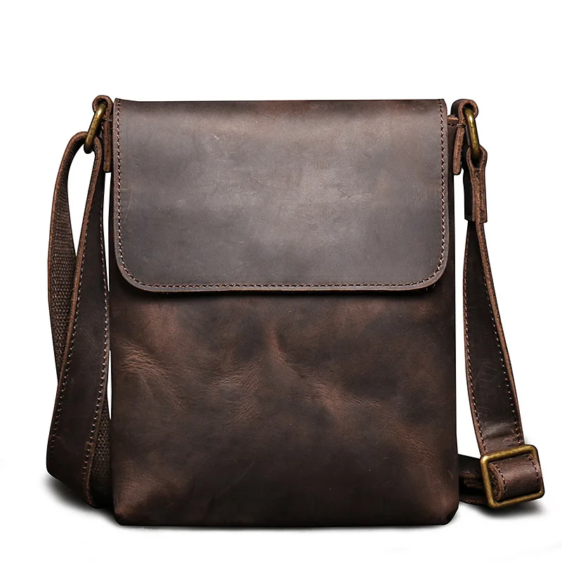 Retro Crazy Horse Cowhide Shoulder Bag Simple Crossbody Bag Genuine Leather Men's Large Capacity Bag