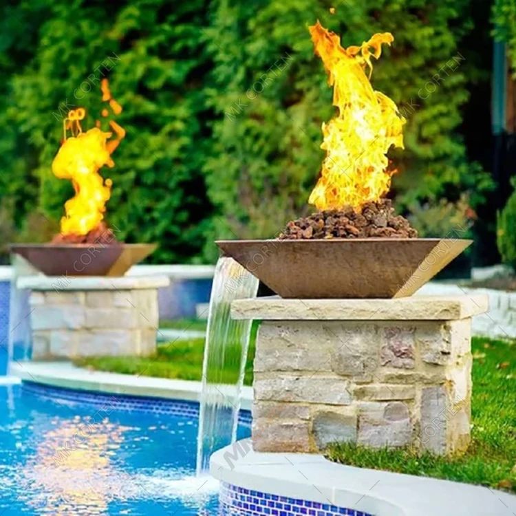 Water Feature Corten Steel Waterfall Outdoor Heaters Gas Fire Pit Water