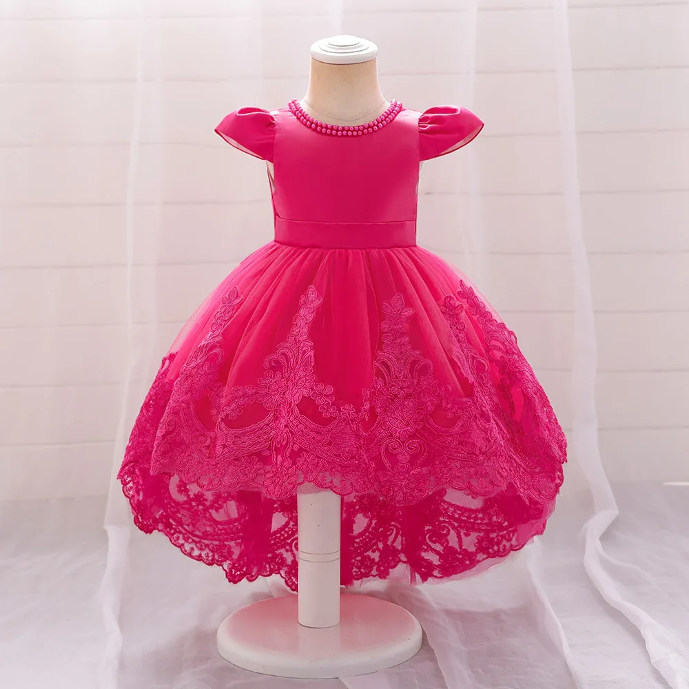 Western Style Summer Kid Red Birthday Party Dress  Pageant Flower Girl Wedding Dress Puffy Princess Long Tail  Dress  for 10 Y
