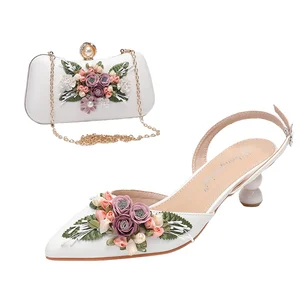 Ladies' White Wedding Shoes Peep Toe PVC Breathable Comfortable Different Height Heels Set Rose Pearl Handbags Evening Purse