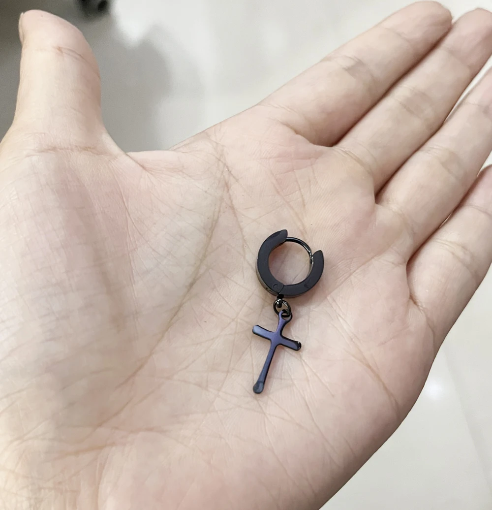 Orecchio Orecchino Uomo Croce Pendente Orecchini Da Uomo O Donna A Cerchio In Acciaio Inox Nero - Foto 12