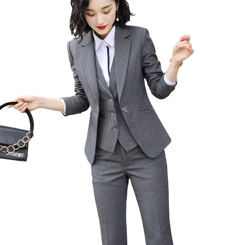 Women Work Wear Blazer Suit Jacket+Vest+Pants Set 3pcs Office