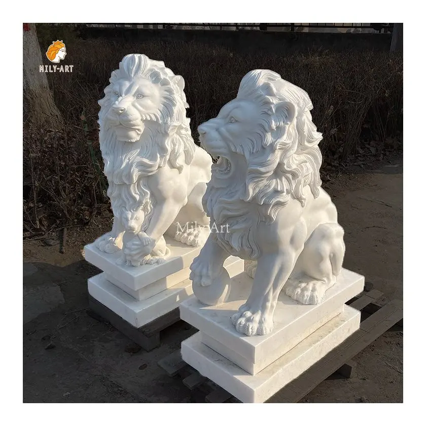 Life Size Decoration High Quality Stone Sculpture White Sitting Marble Lion Statue for Garden