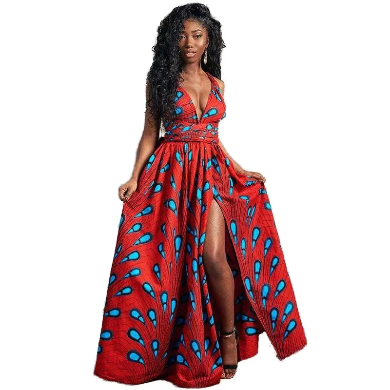 Floral Print Lace up Summer African Dresses Bohemia Style 2025 Women's  Fashion Split Long Dresses
