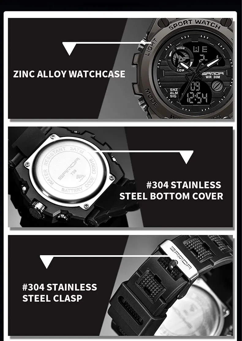 Sanda Brand 739 Men Wrist Watches Dual Time Led Analog Waterproof Clock Quartz Digital Sports Watch Relogio Masculino