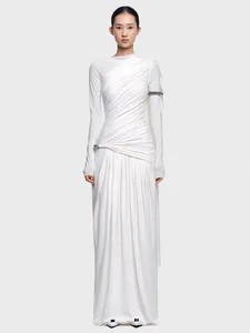 Bettergirl 2026 Ramadan Fashion Vietnam Hot-selling Knitted Pleated White Dress Elastic Long Elegant Brown Evening Dress