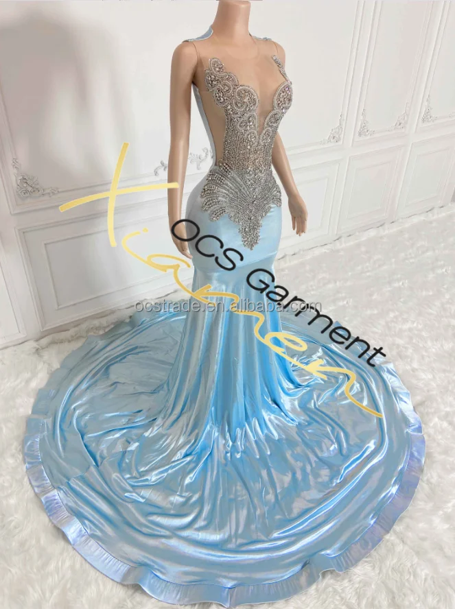 Ocstrade Sky Blue Ball Gown Prom Dresses Black Girls Evening Gowns Sexy Rhinestone Mermaid Wedding Dress Bridal Party Maxi Dress