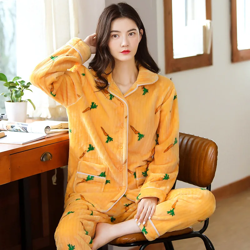 Winter Pajamas Set Women Pyjamas Flannel Warm Long Pants 2piece/Set  Sleepwear