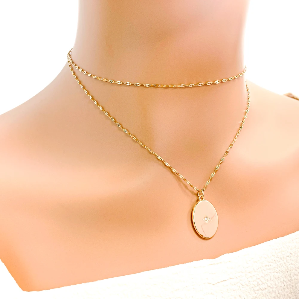 product 18k gold plated link chain double chain fashion star pendant necklace for women and girls classic style made from zinc alloy-5
