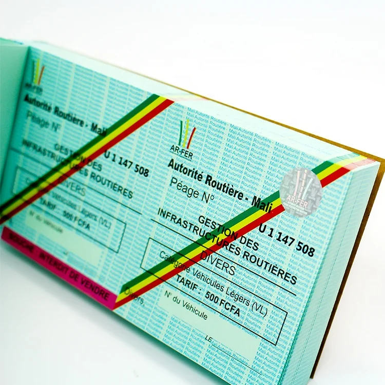 Custom Security Hologram Ticket Authority Toll Receipt Ticket Booklet with Sequential Numbering and Perforated Tear-off Stubs