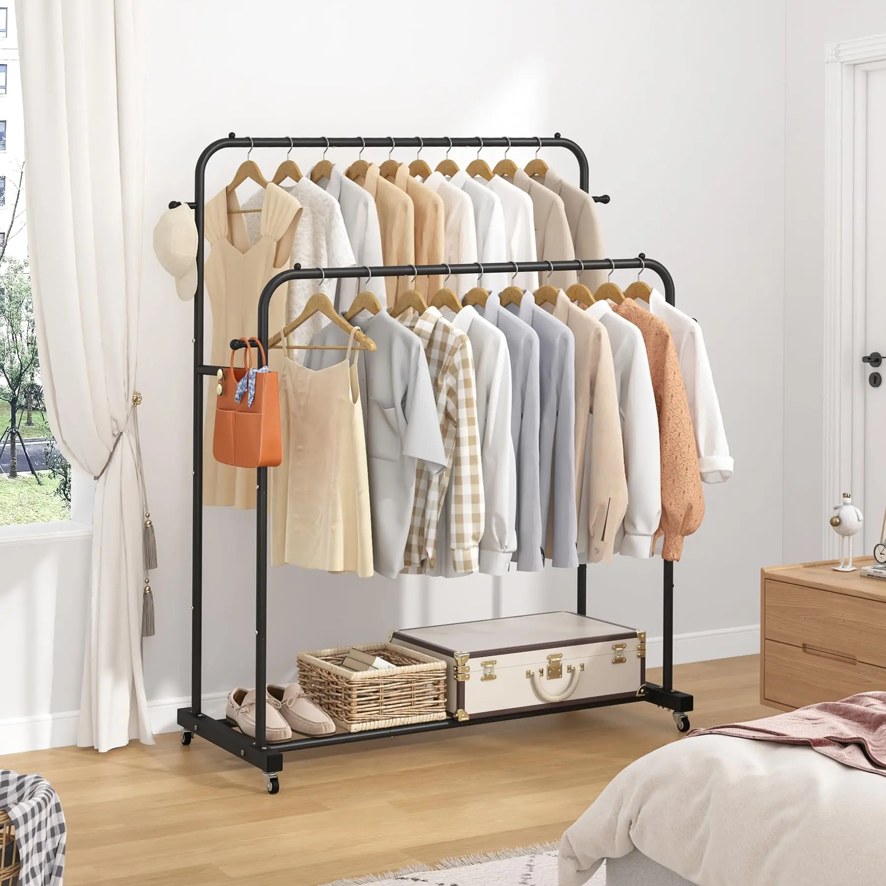 Double Rods Garment Rack With Wheels,Clothing Rack For Hanging Clothes ...