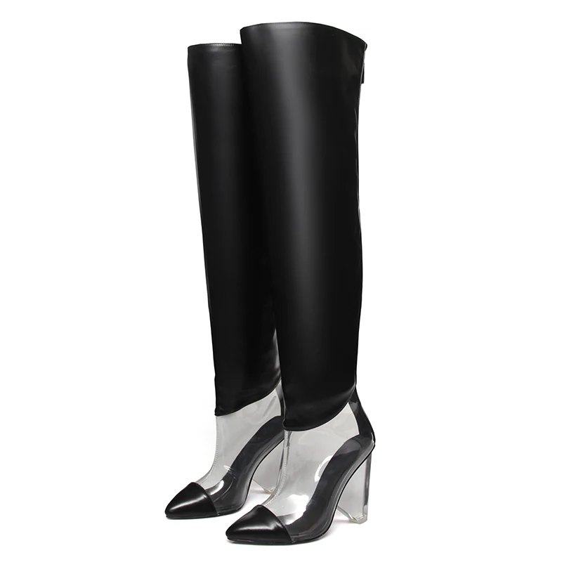 WETKISS/модные туфли на КОНУСНОМ каблуке; Пикантные прозрачные сапоги; Высокие Сапоги выше колена высоком Для женщин; Цвет Серебристый; сапоги до бедра