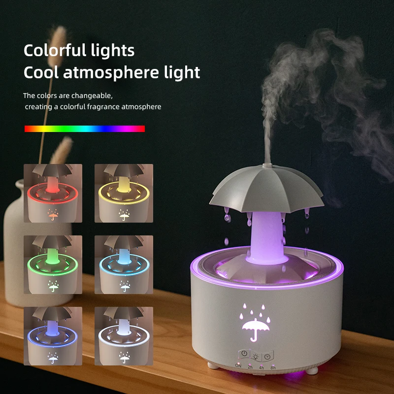 2025 Popular 300ML Ultrasonic Humidifier Household Rain Cloud Aroma Diffuser LED Light Rotating Umbrella Remote Control Plastic