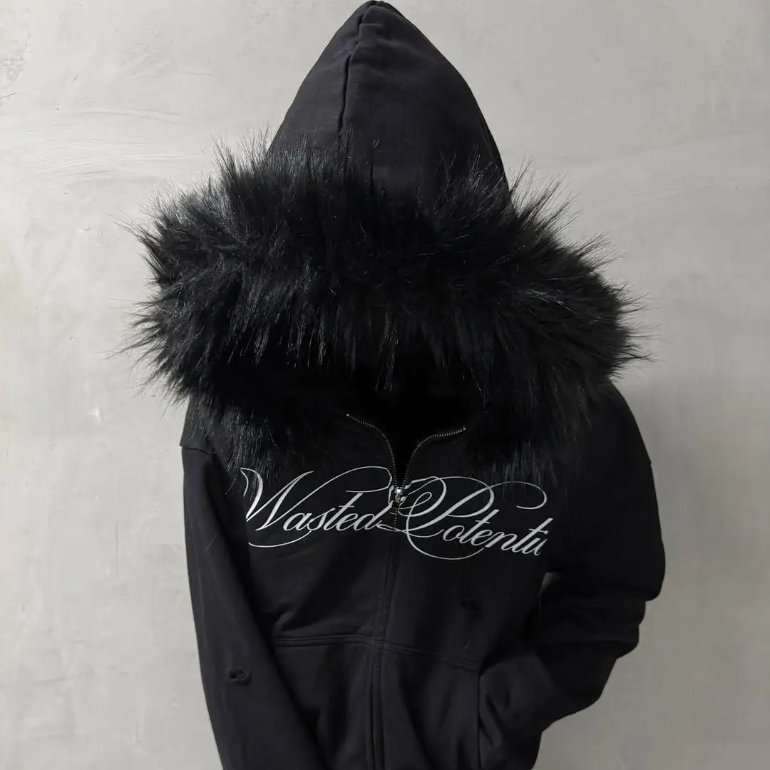 Tilpasselig hoodie i 100 % bomuld i vintage street-stil – med tryk/pelskrave/distressed-detaler; andre designs kan også tilpasses