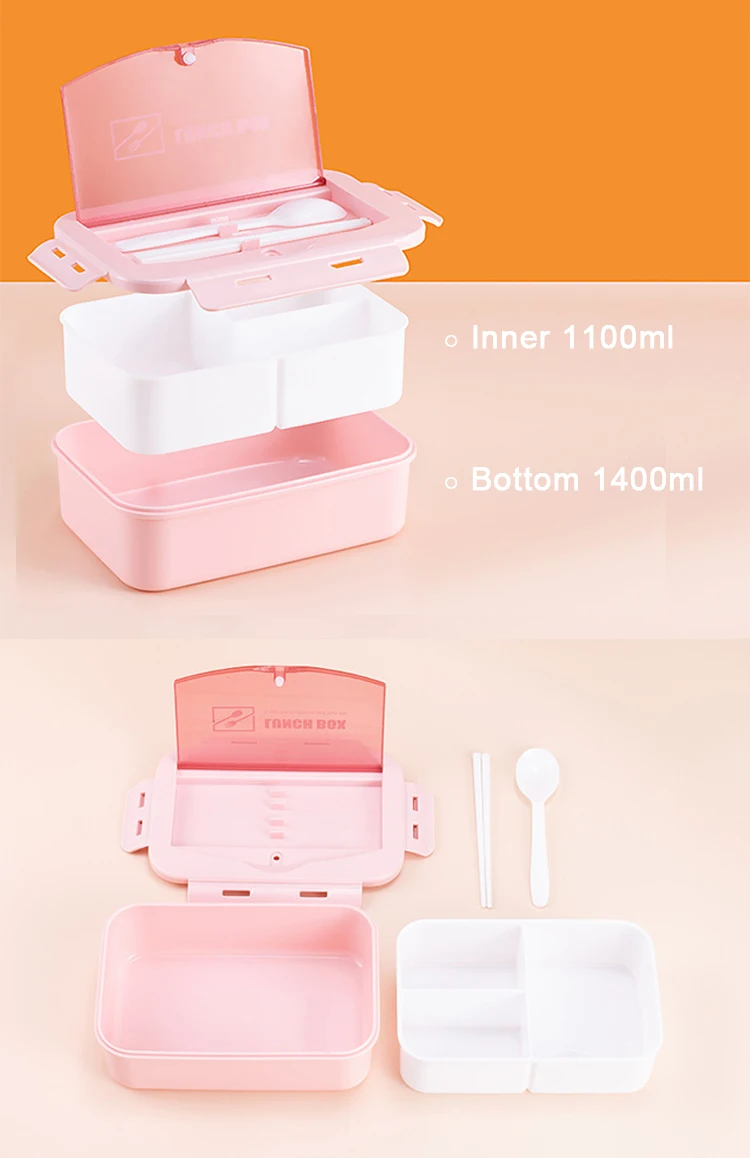 3 Compartments Reusable Pp Plastic 1400ml Bento Box For Kids School