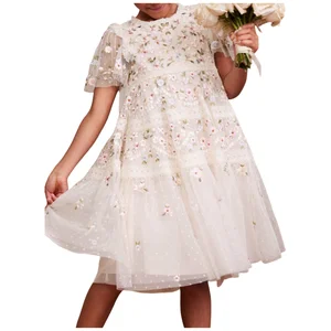 Children's Delicate Embroidered Floral Short Sleeve Evening Dress Girls Kids Fluffy Tulle O - Neck Princess Gown
