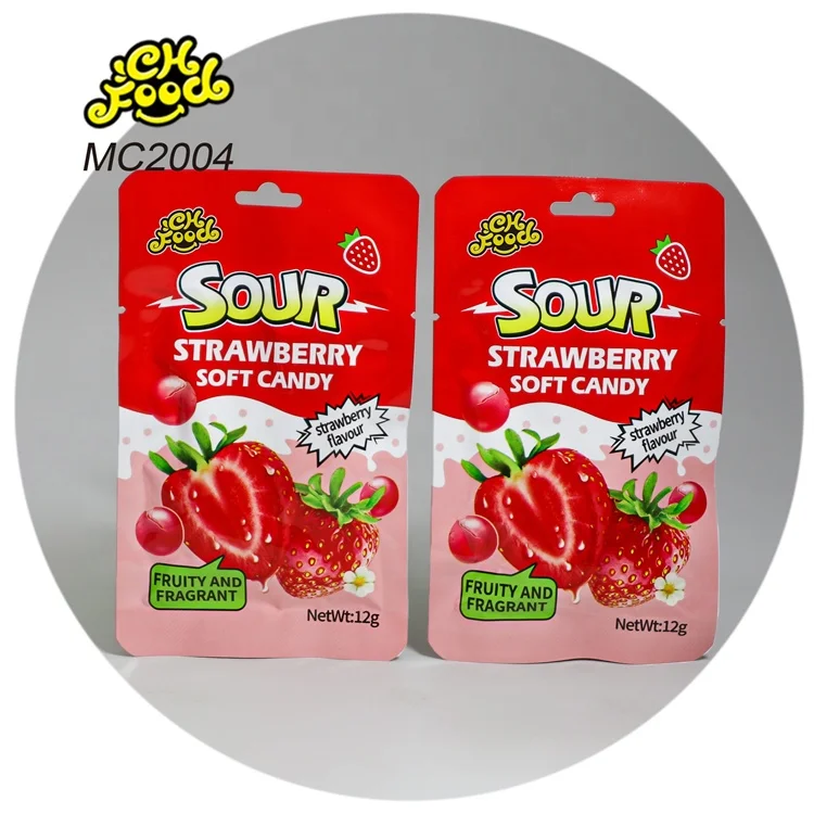 Wholesale and OEM Crispy Sugar Coated Sour Strawberry Soft Chewy Candy Halal Milk Candy Sweet Snack Food