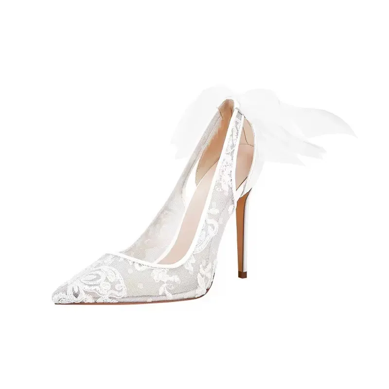 Ladies Bride Shoe Pointed Toe Stiletto Wedding Shoes Big Size 45  White Lace Flower 10 Cm Heel Women
