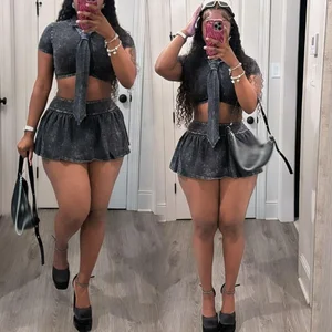 JY JY14ST07 Fashion Washed Print Casual 2 Piece Set Women Summer Casual Wear Crop Top With Tie Mini Skirt Tweed Set