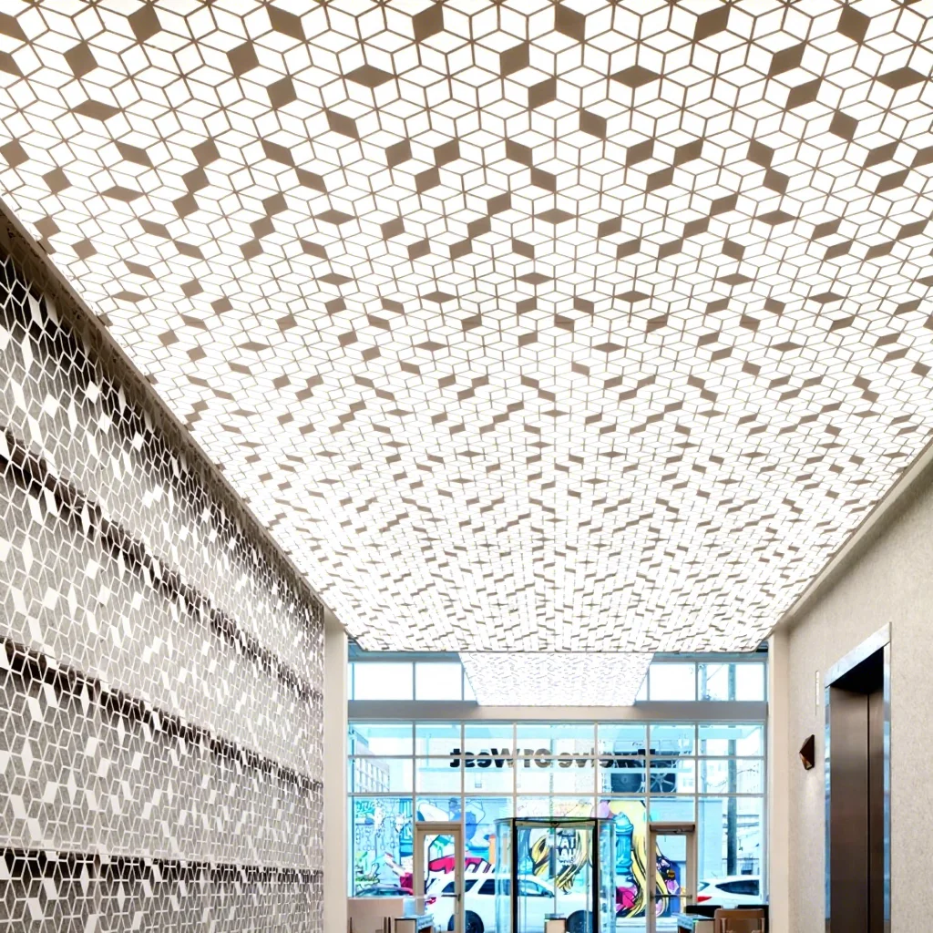 Custom Architectural Aluminum LED Light Ceiling Fireproof Artistic Metal Ceilings for Office Decor Perforated Alloy Material