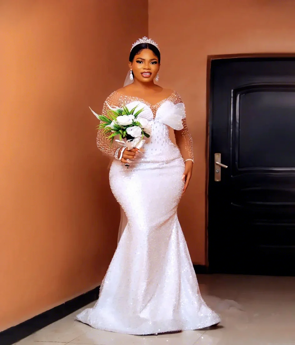2026 Arabic Aso Ebi Plus Size White Mermaid Wedding Dress Beaded Crystals  Sequined Luxurious Bridal Gowns Dresses