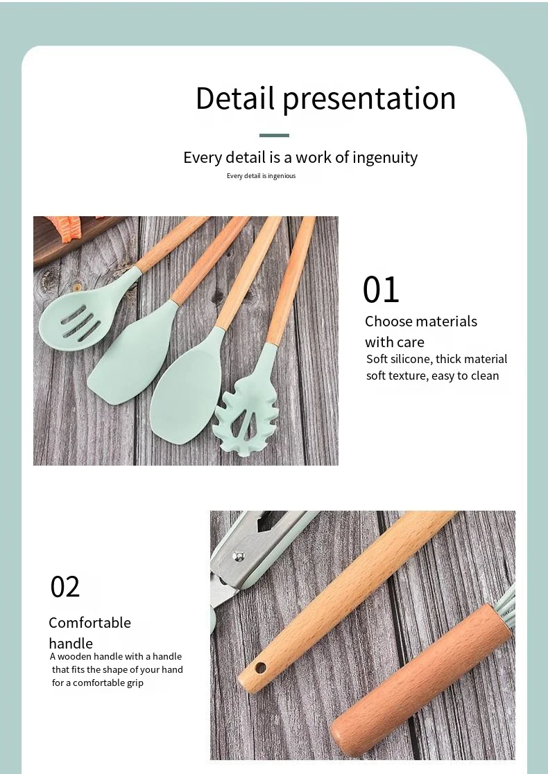 Wooden handle silicone kitchen utensil 12-piece non-stick frying pan kitchen tools Cooking spatula spoon Baking storage tool set details