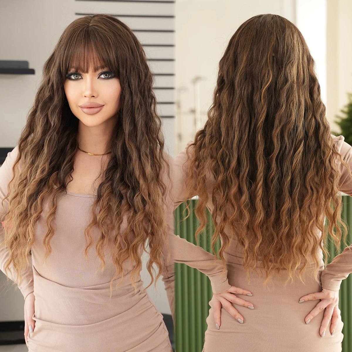 Wholesale Machine Wig with Bangs - Long Wavy Ombre Light 