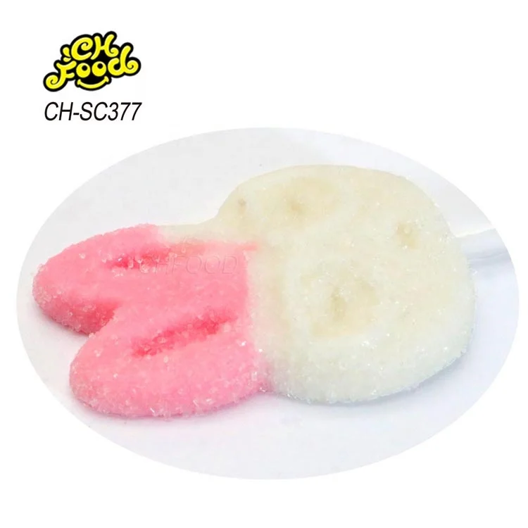 Custom Halal Fruit Flavor Pink Rabbit Animal Shape Gummy Soft Candy Sweets Lollipop for Kids