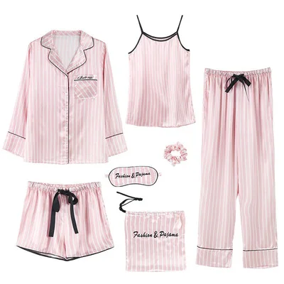 2021 Luxury Custom Printed Pyjamas Striped Pattern Printed Soft Ice Silk 7Pcs 7 Piece Pajama Set Women Sleepwear Nightwear Set