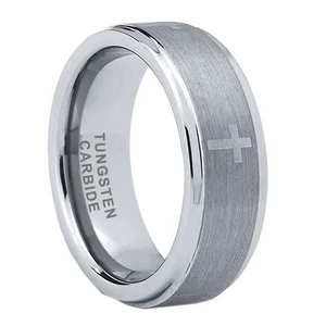 Coolstyle Jewelry 8mm Tungsten Ring for Men Women Engagement Band With 4 Crosses Engraved Stepped Brushed Finish Comfort Fit